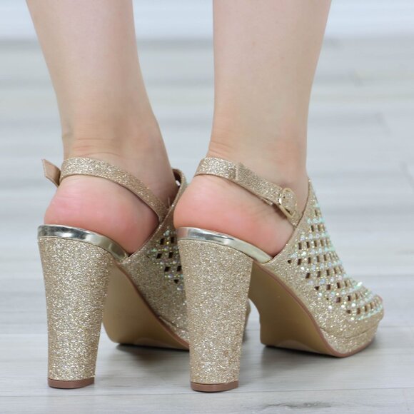 Sparkly Rhinestone Glitter Champagne Platform High Heels Open Toe Party Shoes - Picture 12 of 14